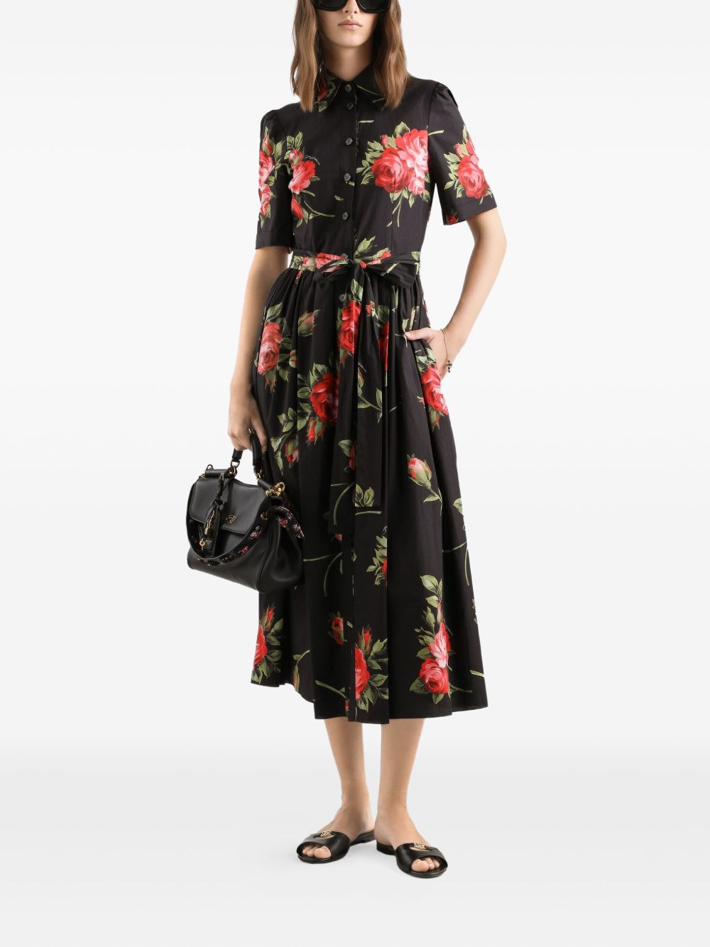 Dolce & Gabbana Dolce & Gabbana- floral-print belted midi dress in black cotton