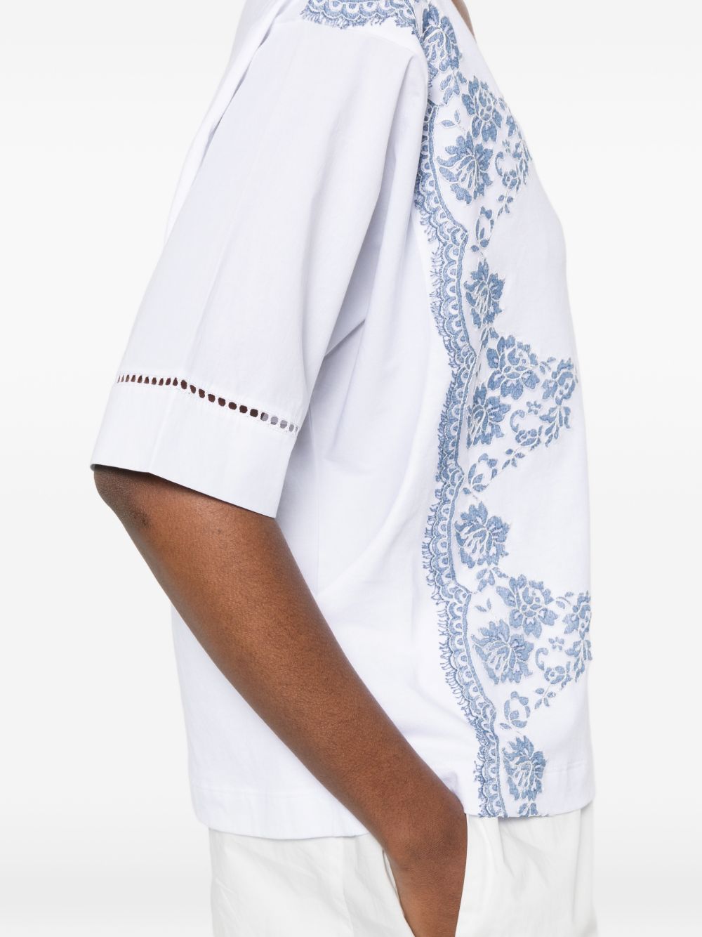 Ermanno Firenze Ermanno Firenze V-neck short sleeves pointelle detailing Embroidered cotton t-shirt