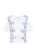 Ermanno Firenze Ermanno Firenze V-neck short sleeves pointelle detailing Embroidered cotton t-shirt