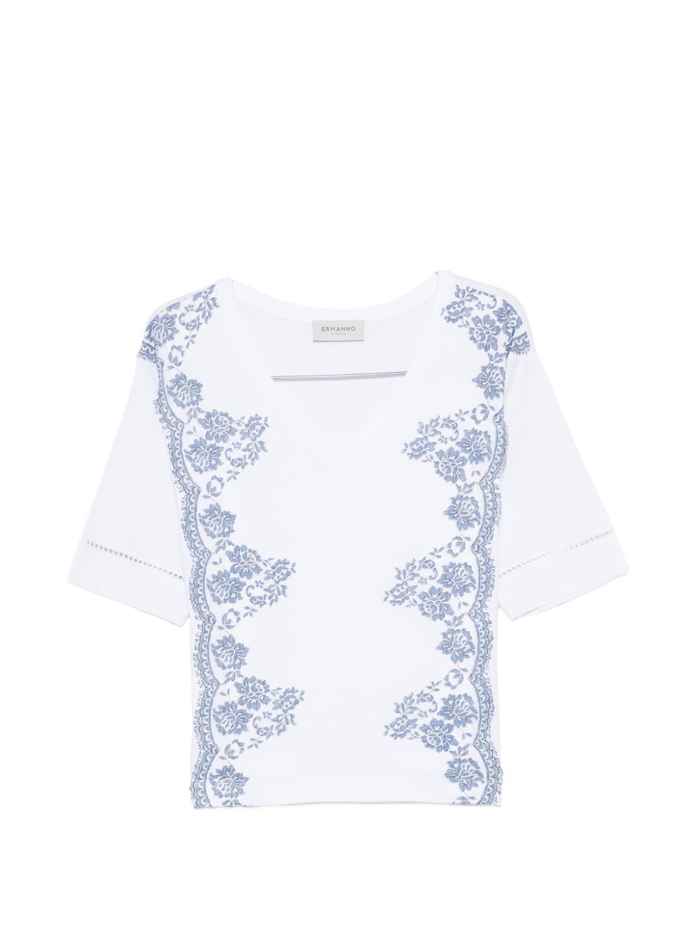 Ermanno Firenze Ermanno Firenze V-neck short sleeves pointelle detailing Embroidered cotton t-shirt