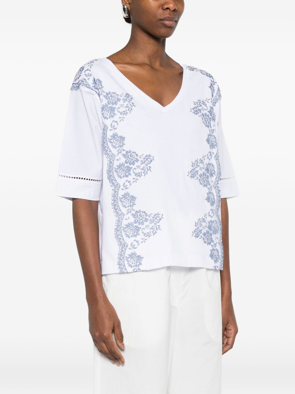Ermanno Firenze Ermanno Firenze V-neck short sleeves pointelle detailing Embroidered cotton t-shirt