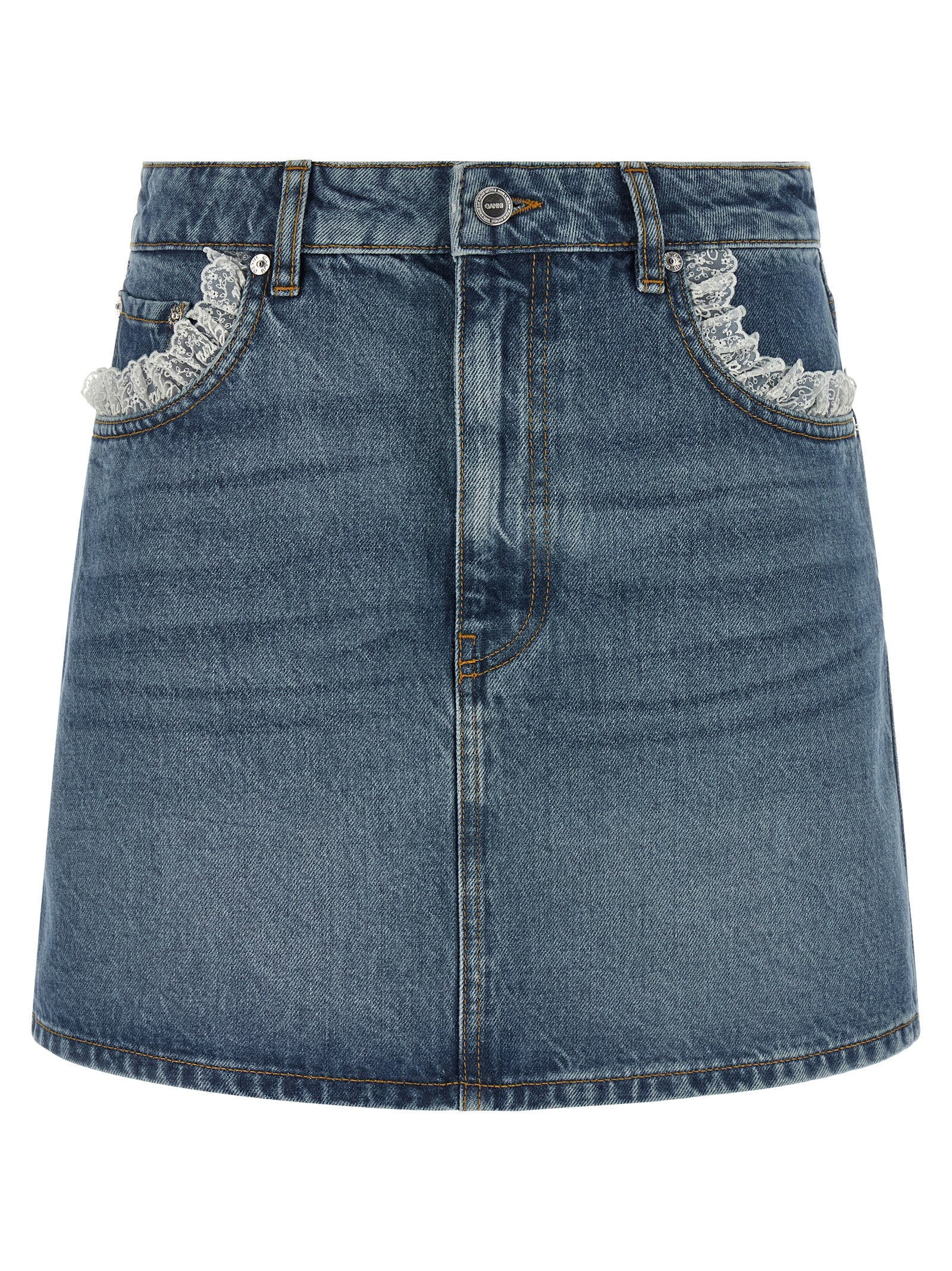 Ganni Ganni Denim And Lace Skirt