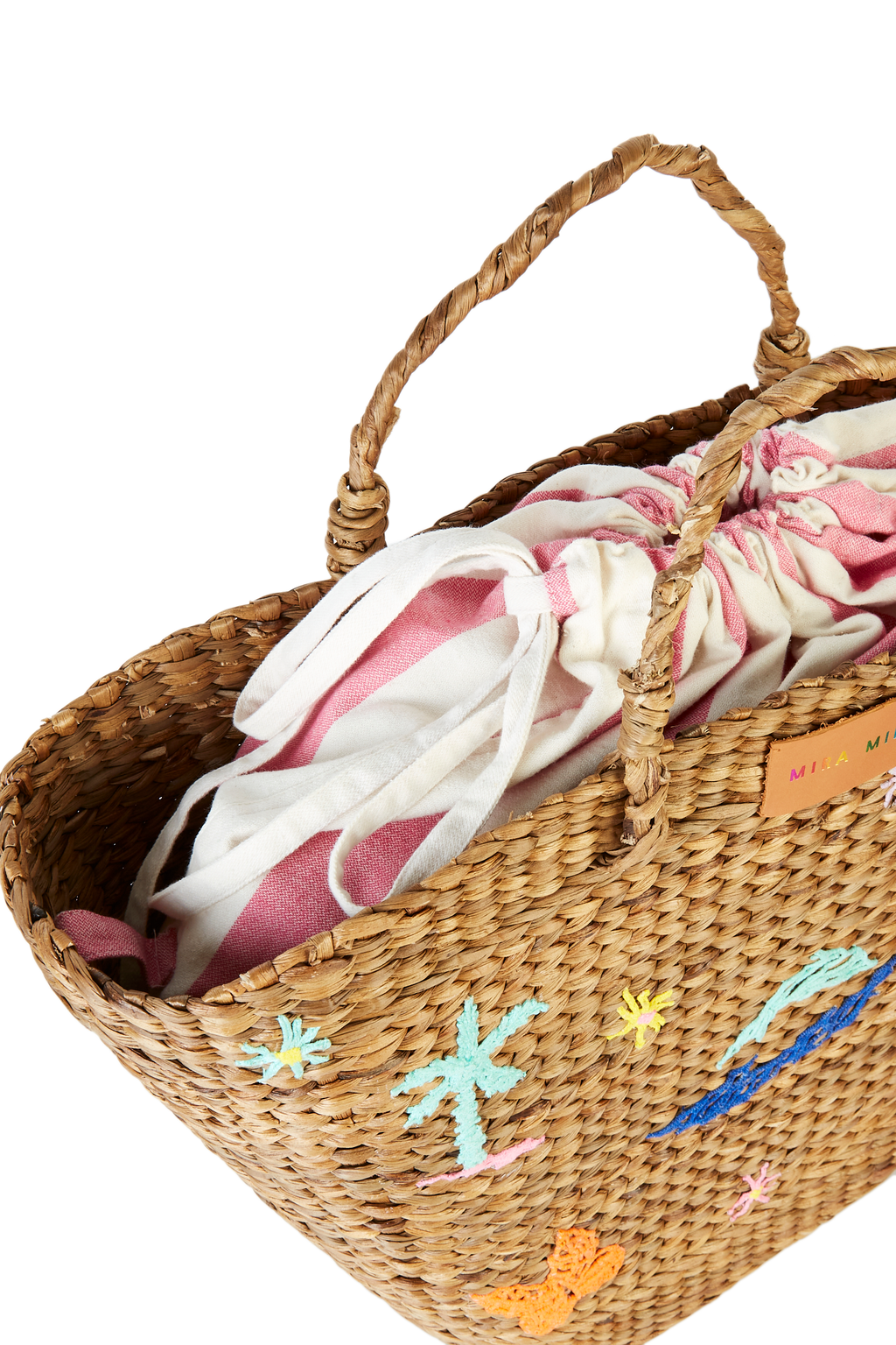 Embroidered Hyacinth Leaf Basket With Pink Stripe Bag