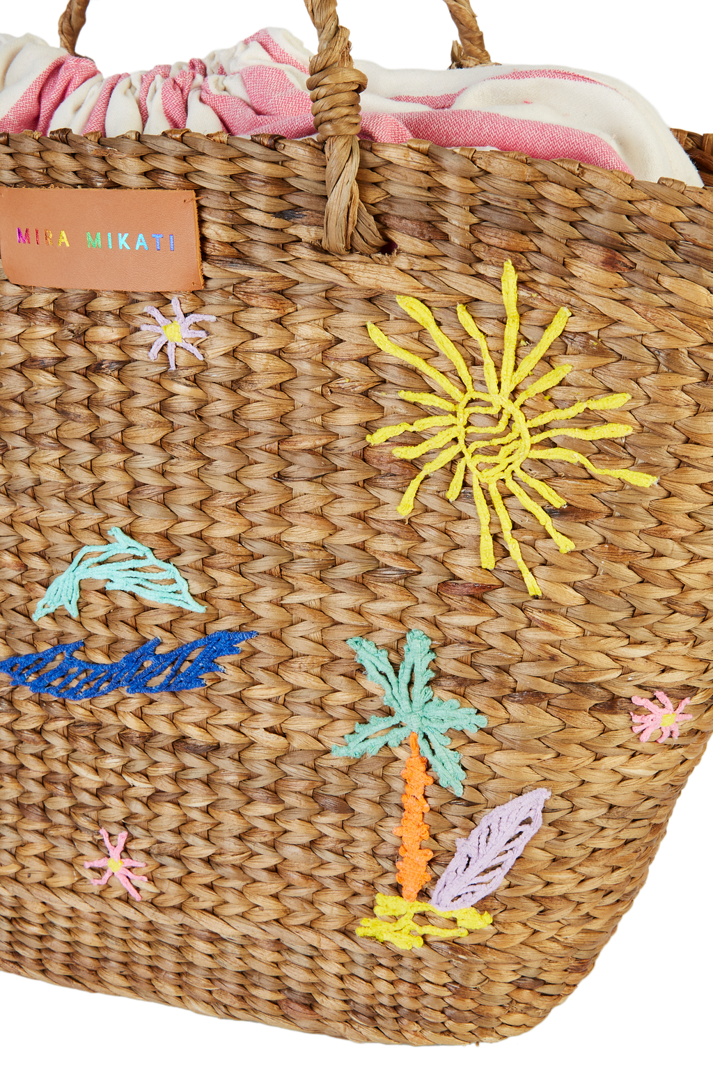Embroidered Hyacinth Leaf Basket With Pink Stripe Bag