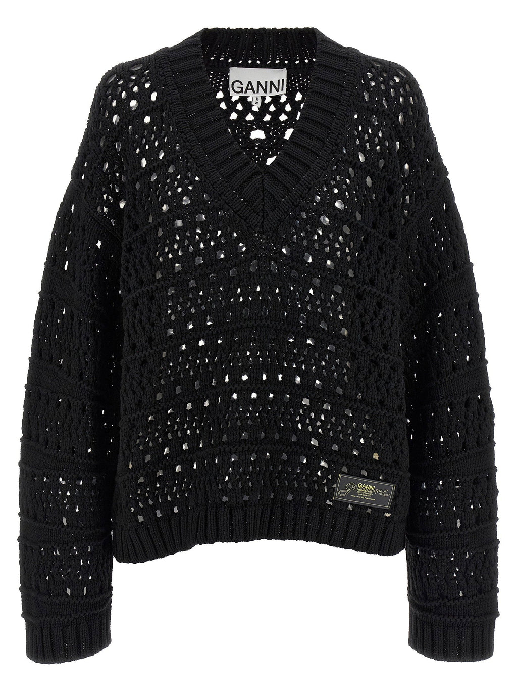 Ganni Ganni Black Crochet V-neck Sweater