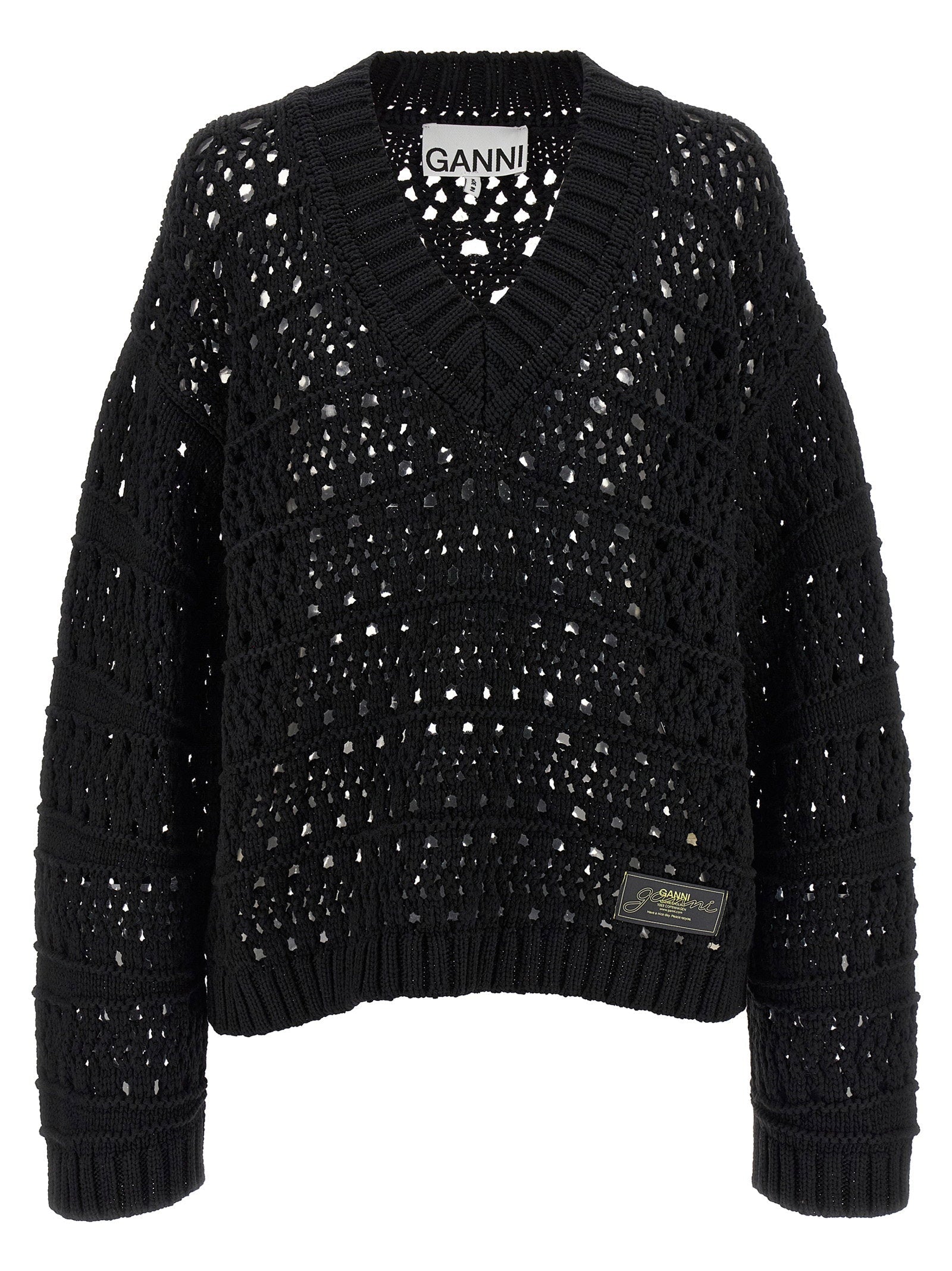 Ganni Ganni Black Crochet V-neck Sweater