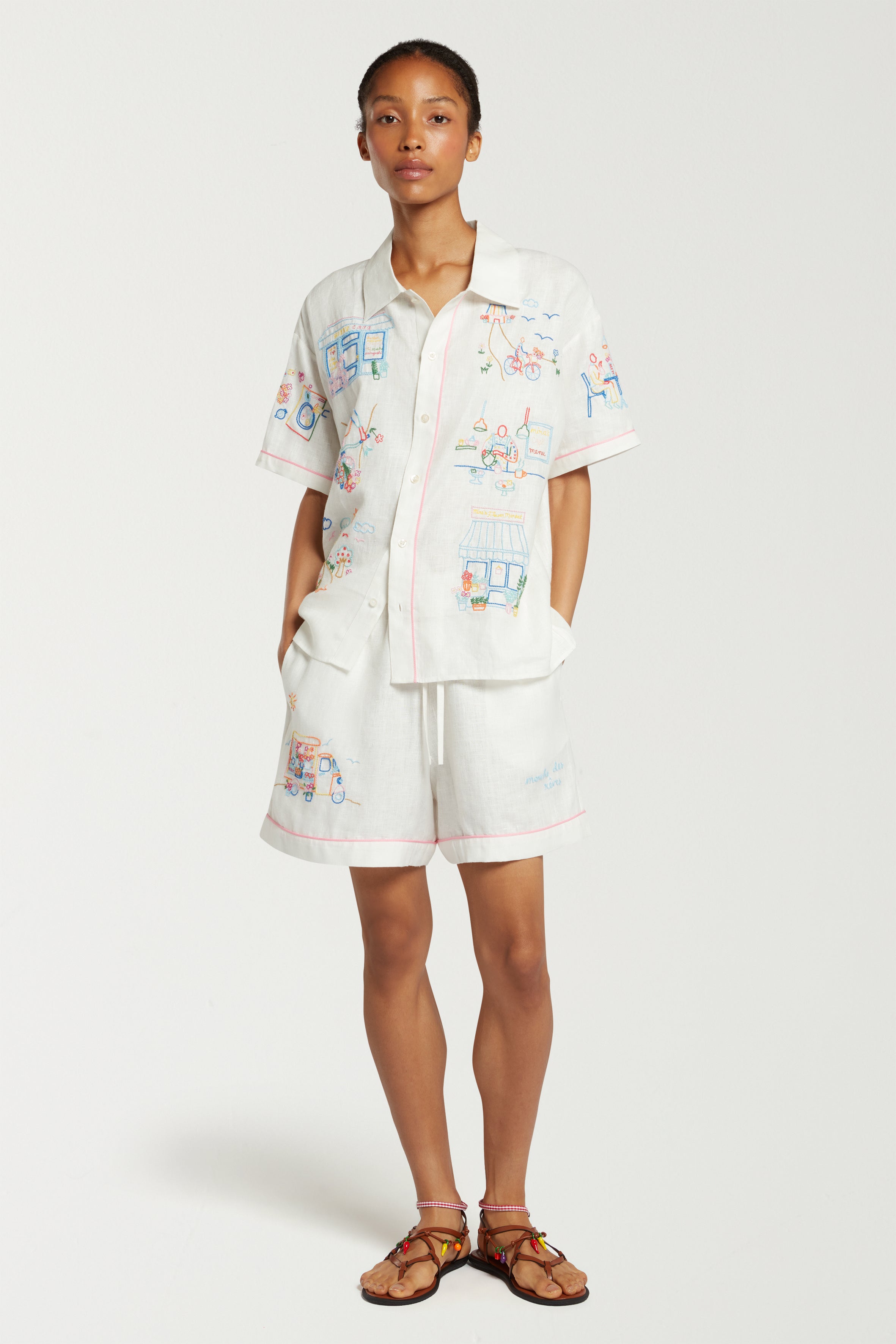 Cafe Scene Embroidered Shorts