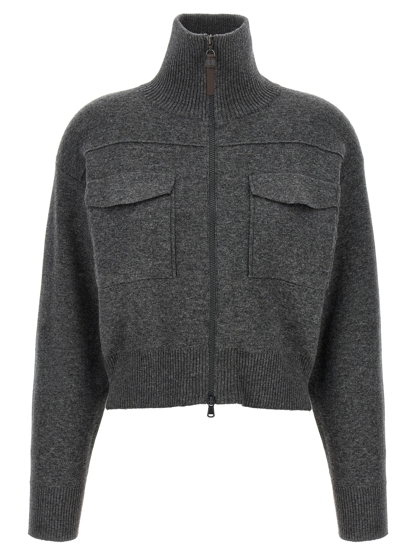 Brunello Cucinelli Brunello Cucinelli Shiny Zipper Pull Wool Cardigan