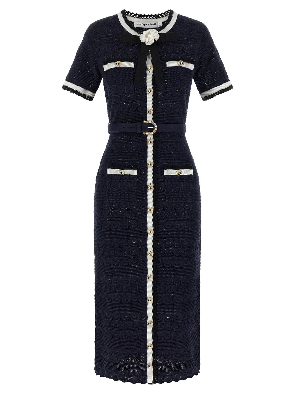 Self-Portrait Self-Portrait Navy Pointelle Knit Midi Dress