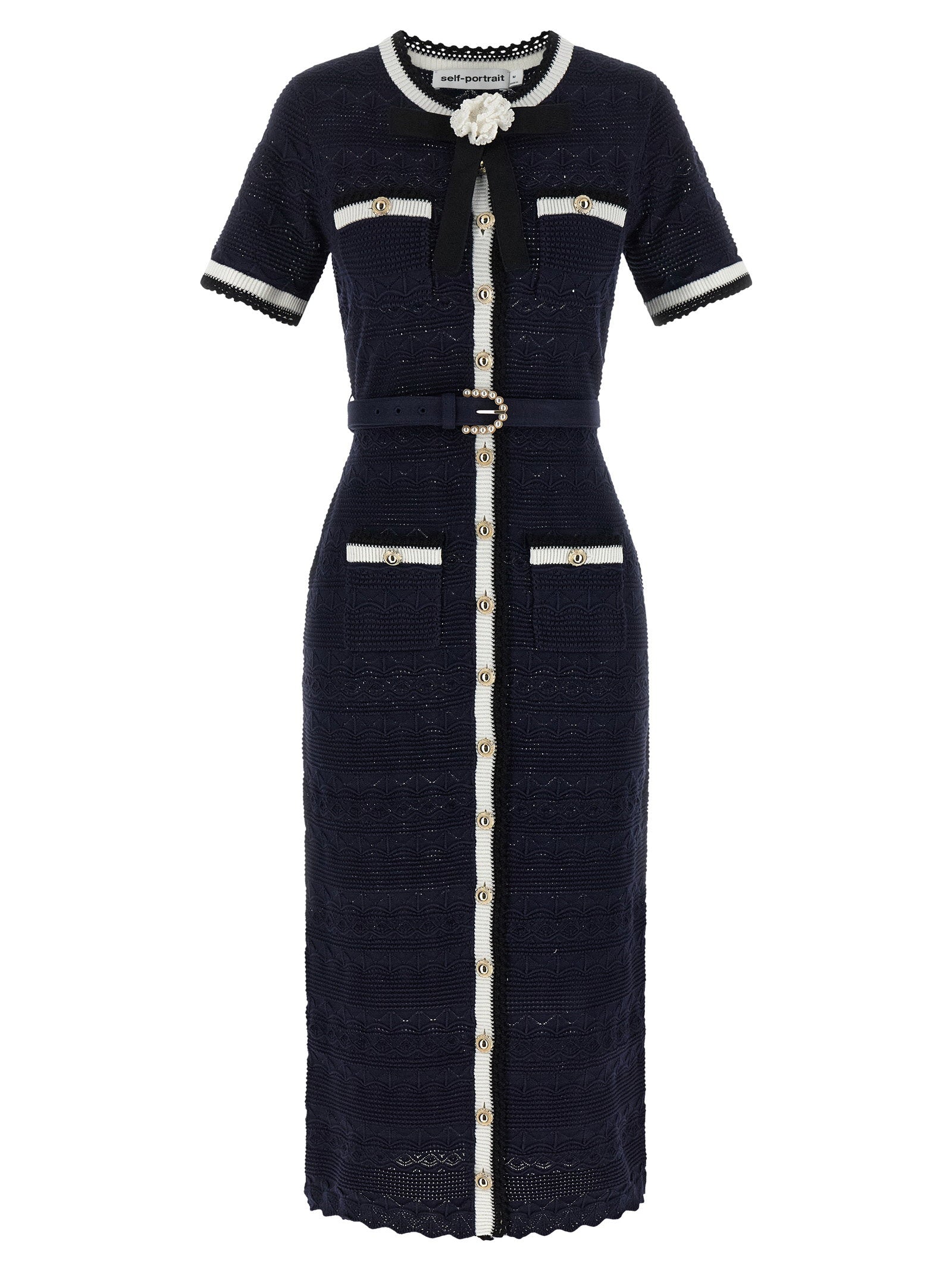 Self-Portrait Self-Portrait Navy Pointelle Knit Midi Dress