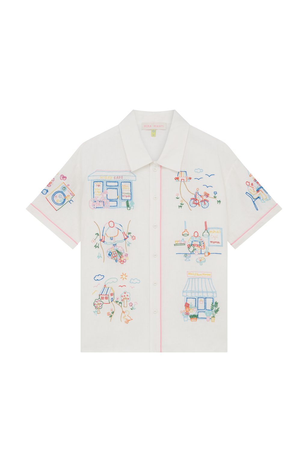 Short Sleeve Shirt With Cafe Scene Embroidery