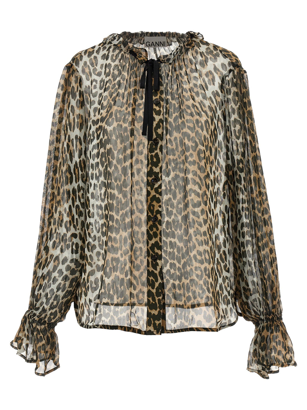 Ganni Ganni Leopard Print Chiffon Tie String Shirt